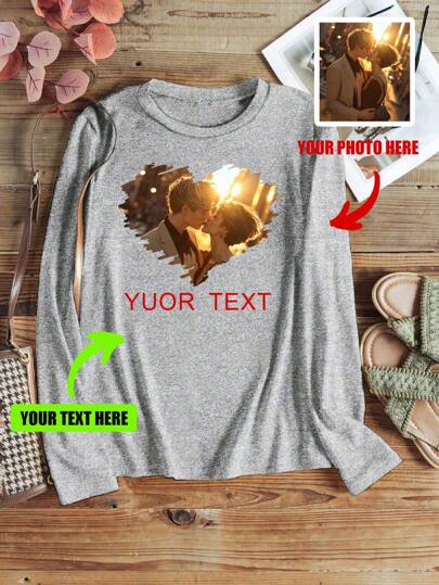 Plus Size Custom Printed Casual Long Sleeve Cozy Pajama Top, Fall