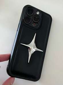 1pc Y2K Silver Electroplated Cross Star 3D Leather Phone Case Compatible With IPhone16 15 14 13 12 11 Pro Max Soft Leather Back Cover - Black - View 5