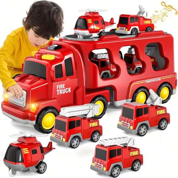 Ensemble de jouets de camion de pompier 5 en 1, avec lumières et sons, voitures jouets en ABS à entraînement par inertie rouge, convenant aux garçons et filles de 3 à 6 ans, jeu imaginatif, ensemble de jouets captivant, sûr pour les jeunes enfants