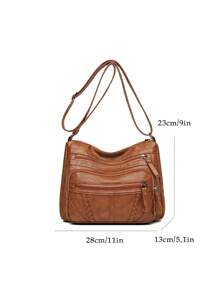 Sac fourre-tout grande capacité de couleur unie pour femmes, sac bandoulière élégant rétro multi-poches à fermeture éclair, petite poignée à fermeture éclair, décoré de tressage, sac à main maman imperméable en PU anti-vol pour shopping, portefeuille compact et léger convenant pour le shopping, les fêtes et les