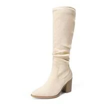 Women's Knee-High Boots, Comfortable Chunky Block Heel Pointed Toe Pull On Side Zipper Suede Slouch Riding Boots - Beige - View 5