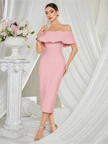 Off Shoulder Women Bandage Dress Wedding Guest Dresses Evening Formal Gown Clubwear Dress - 粉色 - 查看 5