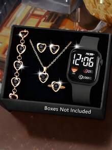 Set de 6 piezas de reloj digital con forma de corazón LED, estilo lindo y casual, con correa de silicona, equipado con pulsera de joyería, collar, anillo, juego de aretes, adecuado para regalo, escuela, ceremonia de graduación y otras ocasiones, ideal para estudiantes, perfecto para la vida diaria como volver a la escuela, fiestas y viajes, regalos de cumpleaños, temporada de graduación, regalo perfecto para niñas - Multicolor - Ver 15