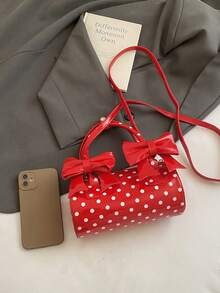 Stylish Red Handbag With Cute Bow & Polka Dot Pattern, Round Cylinder Shaped Crossbody Bag, Boston Pillow Bag, Phone Pouch, Fashionable & Defined For Women, Suitable For Party, Shopping, Dating, Gift - Red - View 9