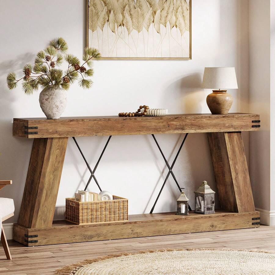 LITTLE TREE 70.9" Farmhouse Console Table, Long Rustic Sofa Table Behind Couch With Storage, Narrow Wooden Entryway Table For Hallway, Living Room & Foyer, Industrial Brown Wood Finish - 棕色 - 查看 1