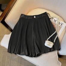 New Fashionable Versatile Pleated Solid Color Mini Skirt Shorts