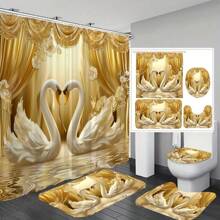[1/4pcs Gold Shower Curtain] 1/4pcs Gold 3D Swan Printed Shower Curtain Set | Bathroom Decor Set, Non-Slip Bath Mat, Toilet Seat Cover, Bath Rug, 12pcs Plastic Hooks, Bathroom Accessories, Home Decor Back To School