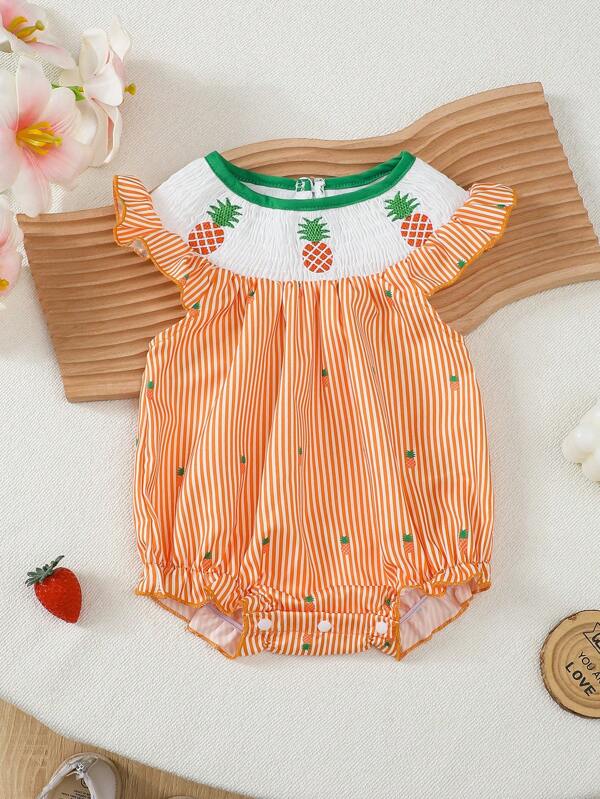 Infant Baby Girls Pineapple Embroidery Striped Romper With Bow Accent, Cute & Adorable Playsuit, Essential For Summer Baby