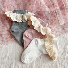 Children Lace Ruffles Socks Kids Girls Lovely Mid-Tube Socks Princess Cute Breathable Elastic Mouth Socks - Red - View 3