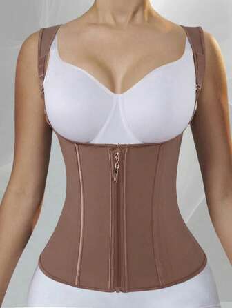 1pc Women Latex Waist Trainer With 15 Bones Back Support, Zipper & Buckle Closure, Abdomen Control Body Shaper Girdle, Suitable For Daily Use