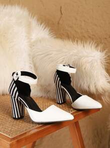 Elegant Women's High Heels - Fashionable Pointed Toe Dress Shoes With Ankle Strap, Suitable For Wedding And Party, Contrast Color High Heels With Striped Zebra Pattern, PU Leather, Party Wear