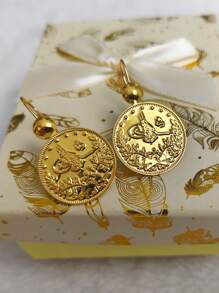 1 Pair 2025 New Dubai Gold Coin & Turkish Flower Dangle Earrings, Muslim Middle Eastern African Wedding Party Evening Earrings Wholesale