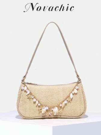 Novachic Minimalist Straw Bag With Shell, Pearl, Starfish Chain Decor, Zipper Closure Shoulder Bag, Hobo Bag, Suitable For Daily Use And Vacation, Summer Beach Style (Natural Shell Accessories May Occasionally Have Minor Damages During Transportation)