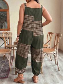 Women's Fashionable Casual Lattice Cuffed Jumpsuit, Loose & Comfortable For Leisure, Beach, Daily Commute, Home, Spring/Summer