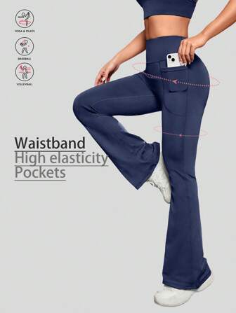 1pc Women's Solid Color Breathable Yoga Wide Leg Pants With Pockets, Tight Fit Flared Trousers For Outdoor Sports, Cycling, Running, Tennis