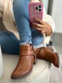 Botines casuaesl para mujer botines piel vegana anchas media pantorrilla botas occidentales negro botas cortas y gruesas clásicas comodas - Camel - Ver 2