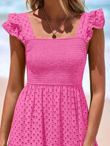 Women's Summer Square Collar Long Dress With Sleeve Cap Hole Eye Ruffles Layered A-Line Casual Vacation Long Skirt With Pockets - 熱粉紅色 - 查看 6