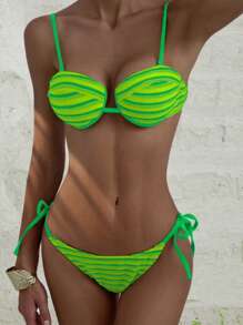 2 Stücke sexy gestreiftes Bikini-Set mit Stoffträgern, Damenbadeanzug für Strand oder Pool