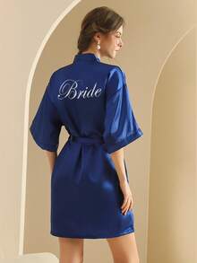 1pc Bride Bridesmaid Satin Embroidered Robe, Red Sleeping Gown Bathrobe For Wedding, Birthday, Bachelorette Party - Navy Blue - View 1