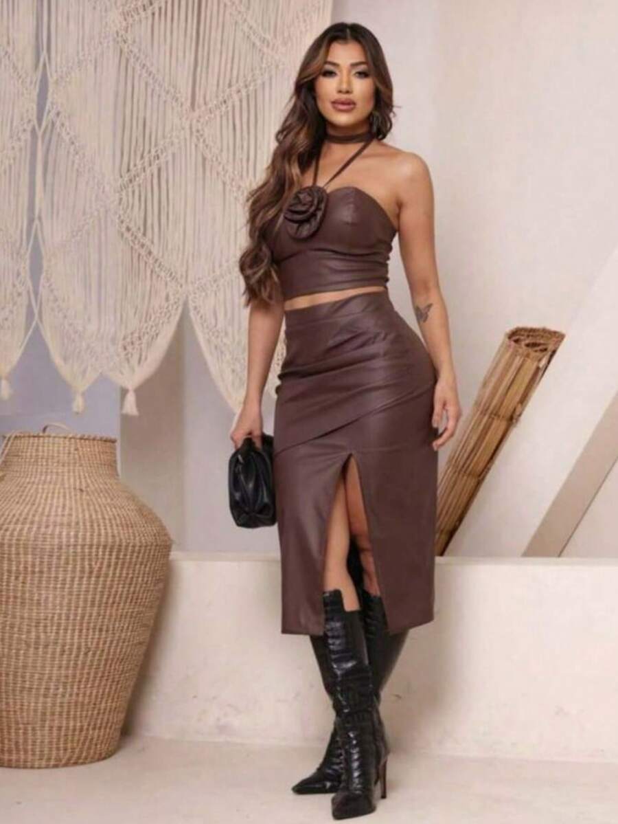 Elegant Women's 2-Piece Set With Faux Leather Pleated Midi Skirt And Slit - Óxido marrón - Ver 1