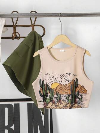 2pcs Women Summer Outdoor Printed Short Top And Cargo Mini Skirt Set