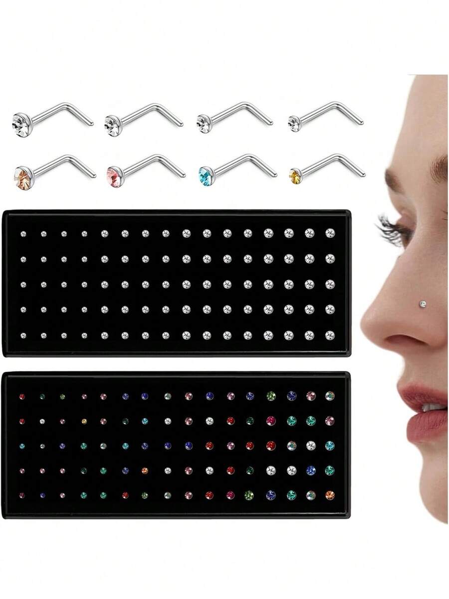 Milacolato Nose Rings Studs For Women Men - Straight Or L Shaped Surgical Stainless Steel Small Nose Studs Pin - Hypoallergenic 20G 22G Tiny Nose Piercing Jewelry 1.5/2/2.5/3 Mm CZ - 彩色 - 查看 1