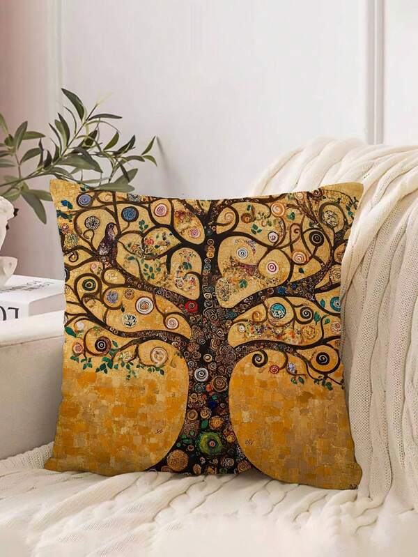 Gustav Klimt Inspired "The Tree Of Life" Art Decorative Pillow Cover, 18" X 18" - Soft Polyester, Zippered, Machine Washable, For Living Room And Bedroom Decor, Couch Cushion (Pillow Insert Not Included)