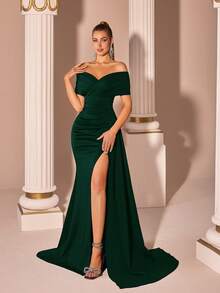 Elisanya 露肩V领高腰长款飘逸系带开衩露背连衣裙，适合舞会、派对、晚宴 - 墨綠色 - 查看 5