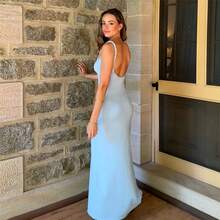 Women's Twisted Straps Bodycon Long Maxi Dress Summer Sleeveless Spaghetti Straps Slim Fit Deep V-Neck Backless Cami Dress Party Clubwear Holiday Beachwear Solid Color Tank Dress Sundress - 藍色 - 查看 5