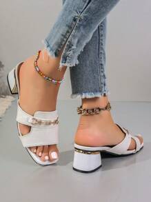 Women's Fashionable Chain Decor High Heel Sandals, Versatile Summer Slippers