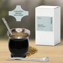 New Norte Yerba Mate C Kit, 8-Ounc Traditional Mate Tea C/Gourd Set | Includ 2 Bombillas (Yerba Mate Straw) & Cleaning Brush, Stainls Steel C, Double-Walled, Easy To Clean | Bl - Black - View 6
