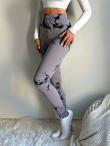 Leggings de yoga estilo tie-dye con gran elasticidad - Gris - Ver 3