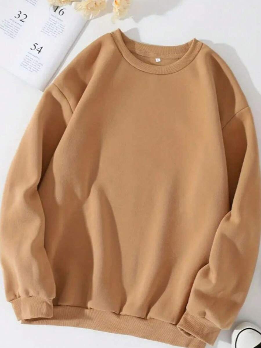 Unisex Plain Round Neck Sweatshirt Women Men Autumn/Winter Fashion Casual Coat Cold Weather Blouse - 米色 - 查看 1