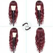 26inch Wine Red Wavy Long Hair With Bangs; Elegant And Noble; Soft Hair Quality; Mother's Day Gift And Party Event