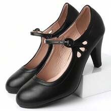 Women Cutout Mary Jane Mid Heels – Round Almond Toe Vintage Cone Heel Pumps With Ankle Strap For Spring Summer Weddings, Parties, Bridesmaids, Office & Everyday Wear [Size Up Half Size] - Pu đen - Xem 5