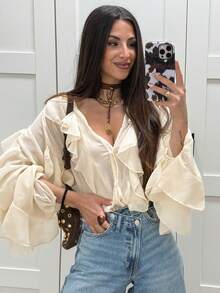 HH 2025 Spring Women Elegant V-Neck Blouse Single-Breasted Women Long Sleeves Laminated Decorative Solid Shirt - Beige - View 5