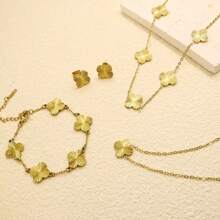 1 Set bestehend aus 18 Karat vergoldetem handgefertigtem, poliertem Kleeblatt- und Blumendesign Armband, Halskette und Ohrringe, hypoallergen und nicht verblassend, geeignet für täglichen Gebrauch von Frauen und als Geschenk