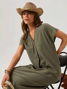 SHEIN LUNE V 领休闲纯色蝙蝠袖束腰连衣裙 - 軍綠色 - 查看 5