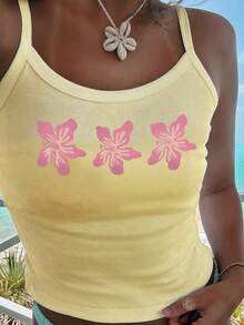 Women Y2K Summer Crop Tank Tops Cute Graphic Cami Tops Vintage Floral Print Sleeveless Scoop Neck  Summer Going Out Tops Casual Camisole Casual Beach Tops Club Streetwear  Aesthetic Clothes For Teen Girls - 黃色 - 查看 3