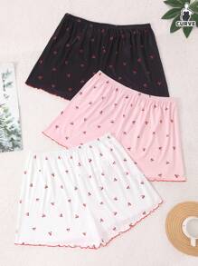 3pcs/Set Plus Size Women Cherry Print Knit Sleepwear Shorts Pajama Set