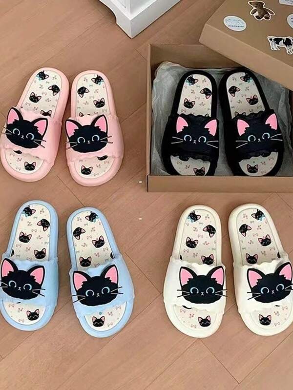1 Pair Cute & Stylish Black Cat Design Women's Slippers, Comfortable For Summer, Soft Sole Indoor/Outdoor Casual Personalized Sandals, Suitable For Dorms, Home, Birthday Gifts, Holiday Presents