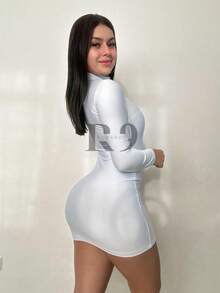 Long Sleeve High Neck Suplex Tube Dress - 白色 - 查看 2