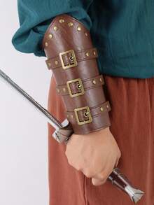 2pcs Medieval Renaissance Style Faux Leather Bracers, Vintage Viking Style Arm Guards With Adjustable Buckles, LARP Costume Props - A - View 7