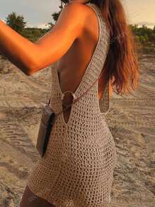 Vestido mini ajustado de mujer con diseño sin mangas, transparente y con espalda descubierta
