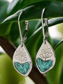 1 paire de boucles d'oreilles vintage en résine bleue créative avec motif de feuille de plante effet craquelé. Bijoux de mode pour femmes, cadeau de boucles d'oreilles