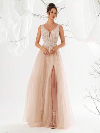 VIPGIRL 우아한 핑크 스팽글 시어 포멀 드레스, 깊은 V넥, 하이 슬릿, 민소매 A라인 포멀 가운