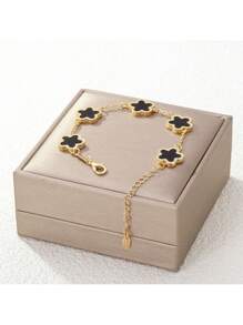 1pc Colorful Shell Inlaid Clover Charm Flower Chain Bracelet, Fashionable & Elegant For Women & Girls