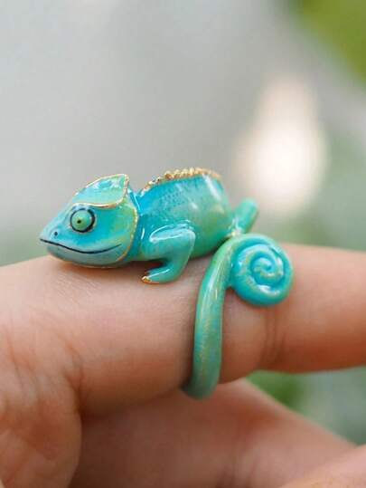 1 件独特可爱蓝色变色龙戒指，适合女士女孩珐琅首饰时尚动物戒指派对首饰创意首饰生日圣诞礼物