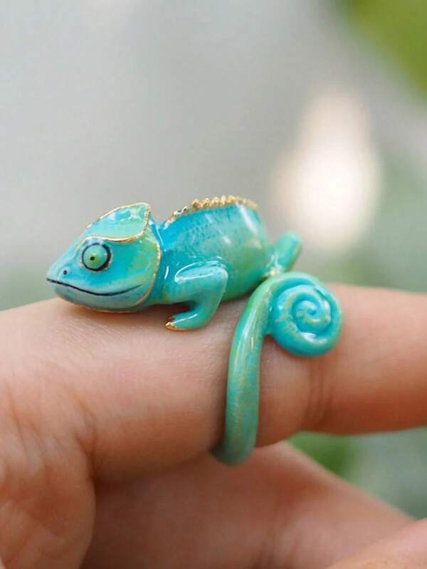 1 pièce Bague de caméléon bleu unique et mignonne pour femme/fille. Bijou en émail, bague animal , bijou de fête, cadeau d'anniversaire ou de Noël créatif