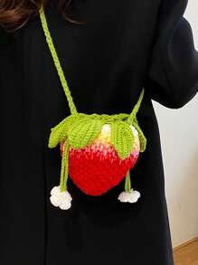 Handmade Crochet Strawberry Handbag, Small Unique Design Hollow Knitting Cross-Body Yarn Bag, Cute And Sweet Key Coin Purse